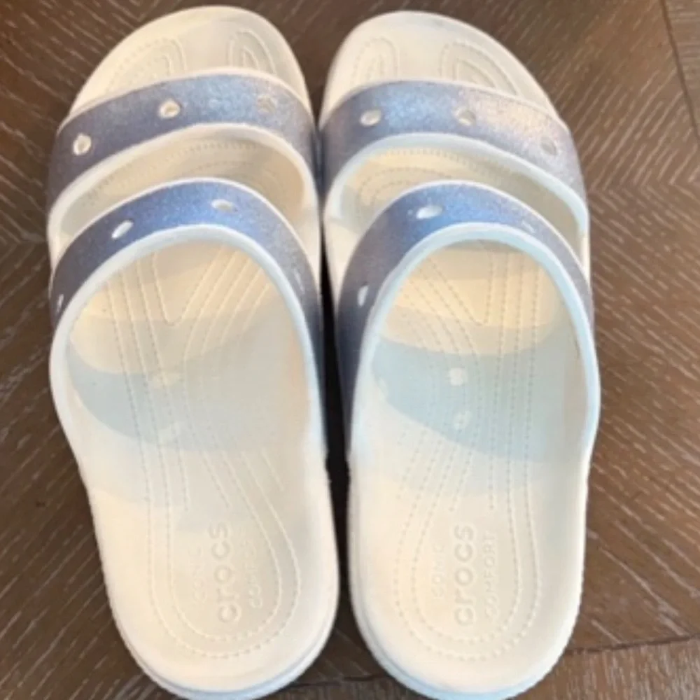 CROCS Kids Silver Glitter Double-Strap Slide Sandals